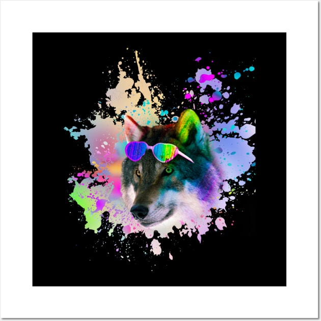 Wolf Wolves Wearing Love Rainbow Heart Glasses Wall Art by Random Galaxy